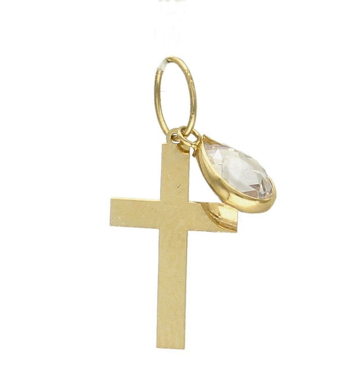 Złota zawieszka na łańcuszek krzyżyk z białą cyrkonią ZA 4698. Złoty wisiorek krzyżyk z wizerunkiem Pana Jezusa to biżuteria sakralna, która sprawdzi się jako prezent na takie okazje jak chrzest, bierzmowanie czy komunia..jpg